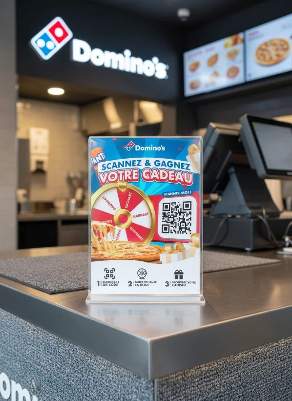 Support Winde en comptoir Domino’s — flyer scannez et gagnez